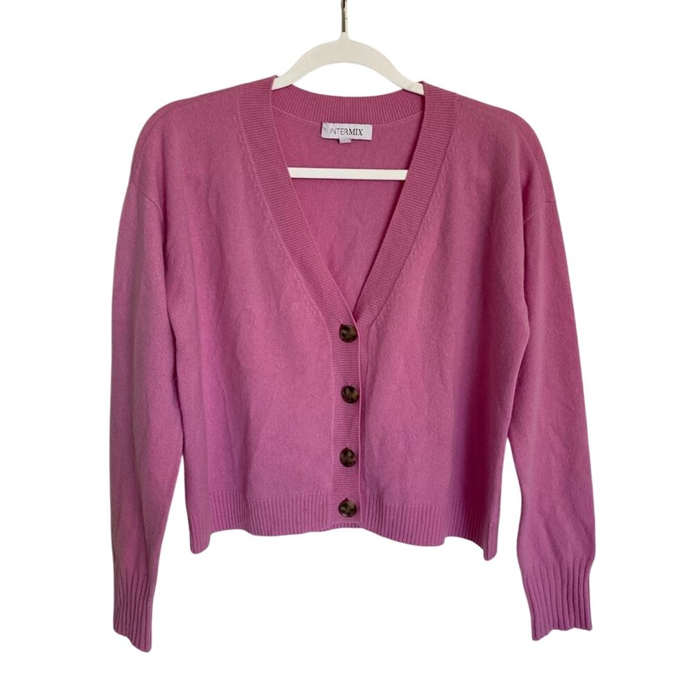 Intermix 100% Cashmere V-Neck Minimal Prep 4 Button Ribbed Trim Crop Cardigan